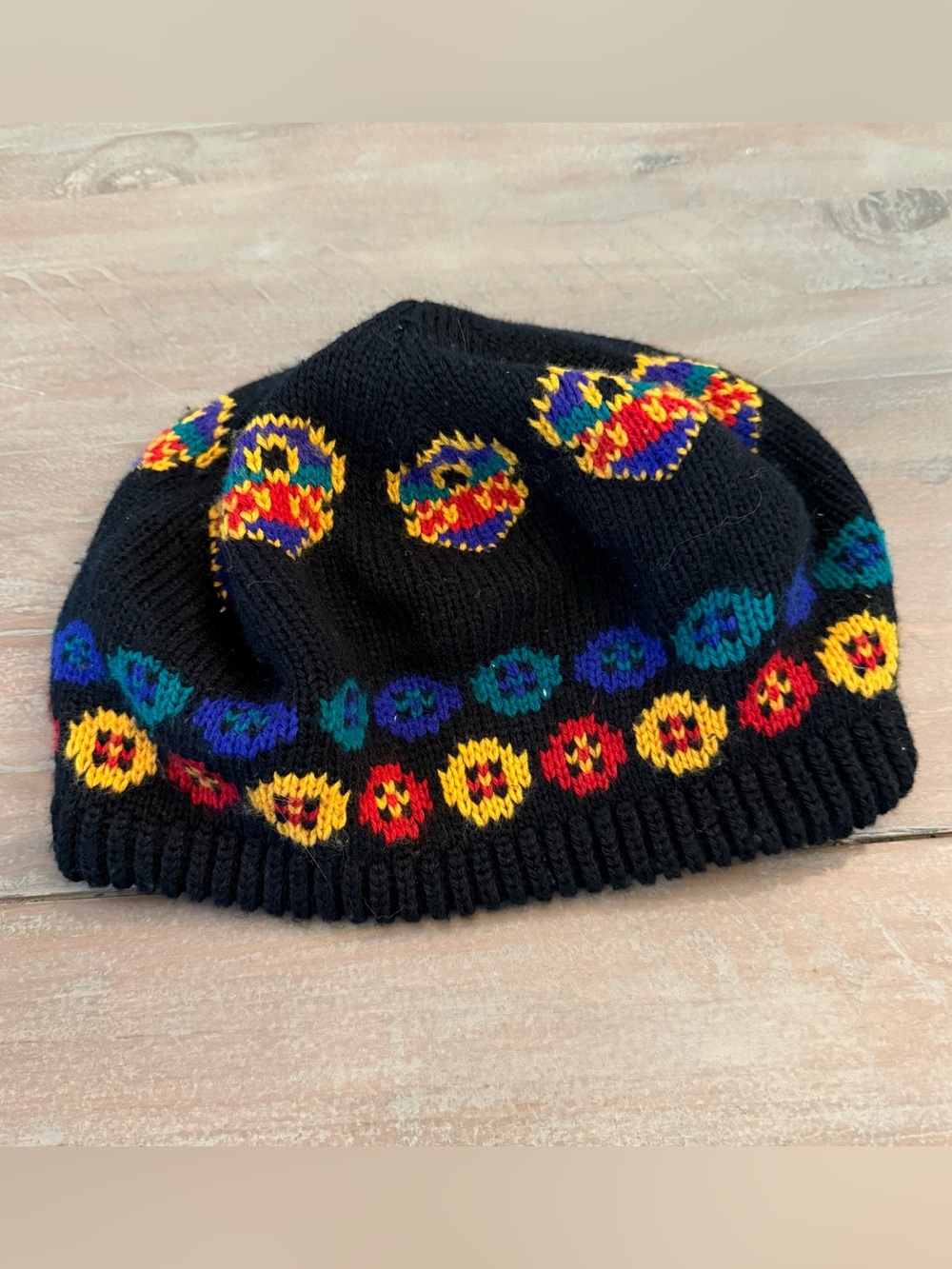 Vintage Hansen Knit Beanie Hat Women's Black Colorful 70's Preowned